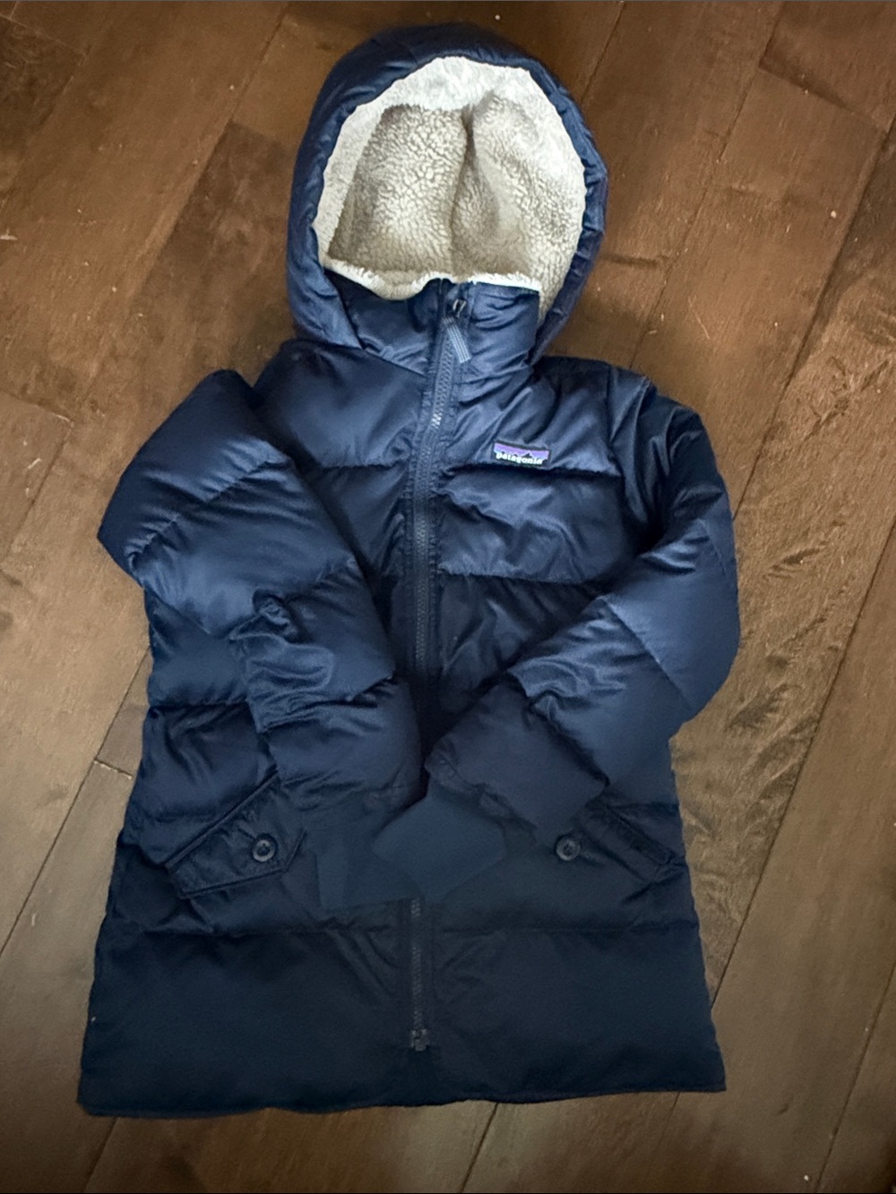 Patagonia Navy Puffer Coat with Sherpa Hood for Kids
